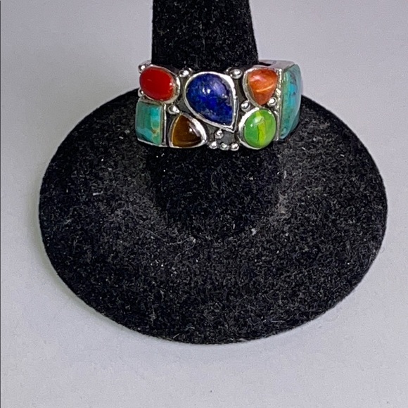 Sterling Silver 925 Multi Stone Inlay Ring Size 8